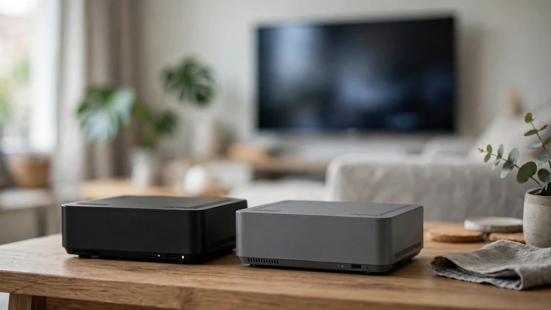 Gros plan sur deux box Android TV posées côte à côte sur un meuble de salon, l'une banale et grise, l'autre noire avec un design plus sportif, toutes deux reliées à un téléviseur qui affiche un match de football en direct, ambiance salon moderne en soirée.