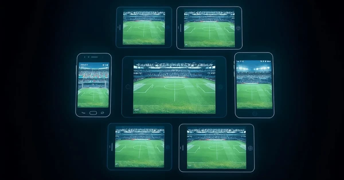 Grille de sept écrans lumineux affichant chacun une interface d'application différente dans une ambiance sombre et cinématique
