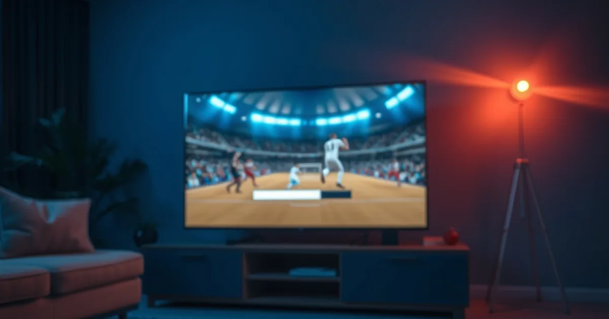Salon plongé dans la pénombre avec un écran de télévision figé en plein match de football, symbolisant une coupure de flux IPTV pendant un pic de charge en soirée