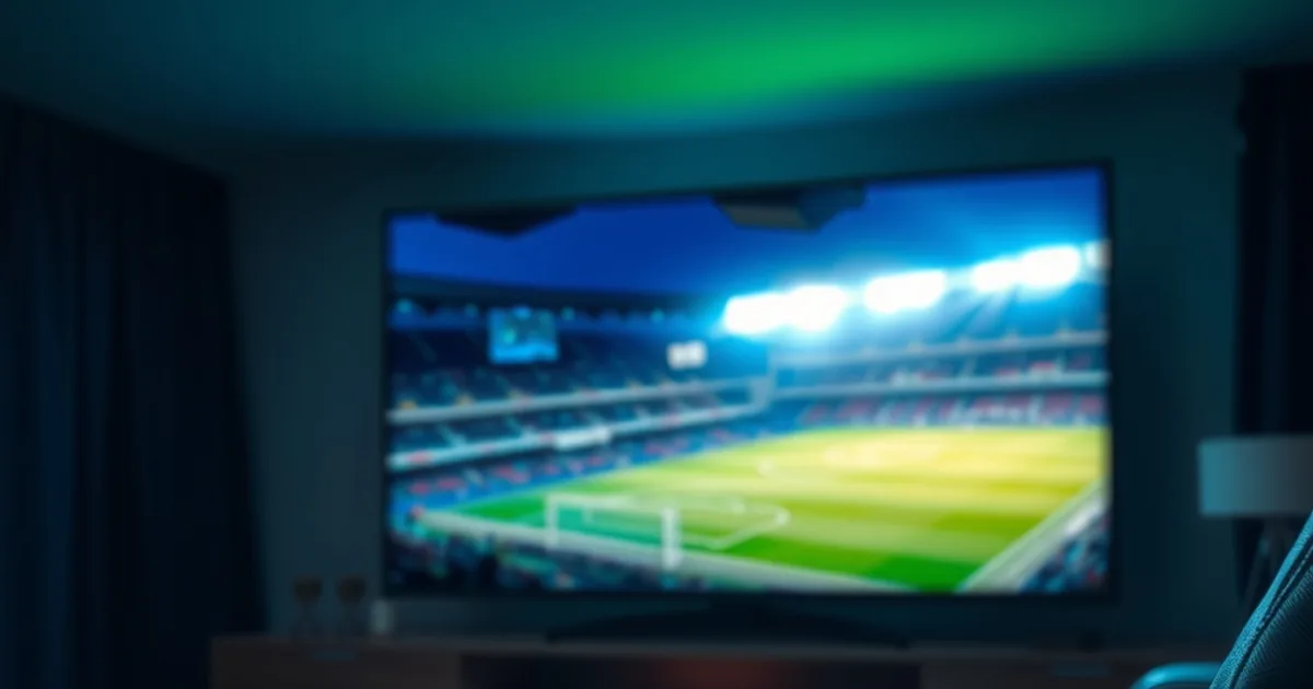 Salon sombre et cinématographique éclairé par le reflet d'un match de football diffusé sur un grand écran, ambiance premium.