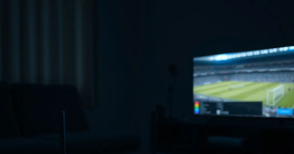 Routeur et smartphone dans une pièce sombre, des lignes de signal réseau bleues et rouges se divisant en plusieurs chemins, un écran de télévision flou en arrière-plan sur un stade de football en pause