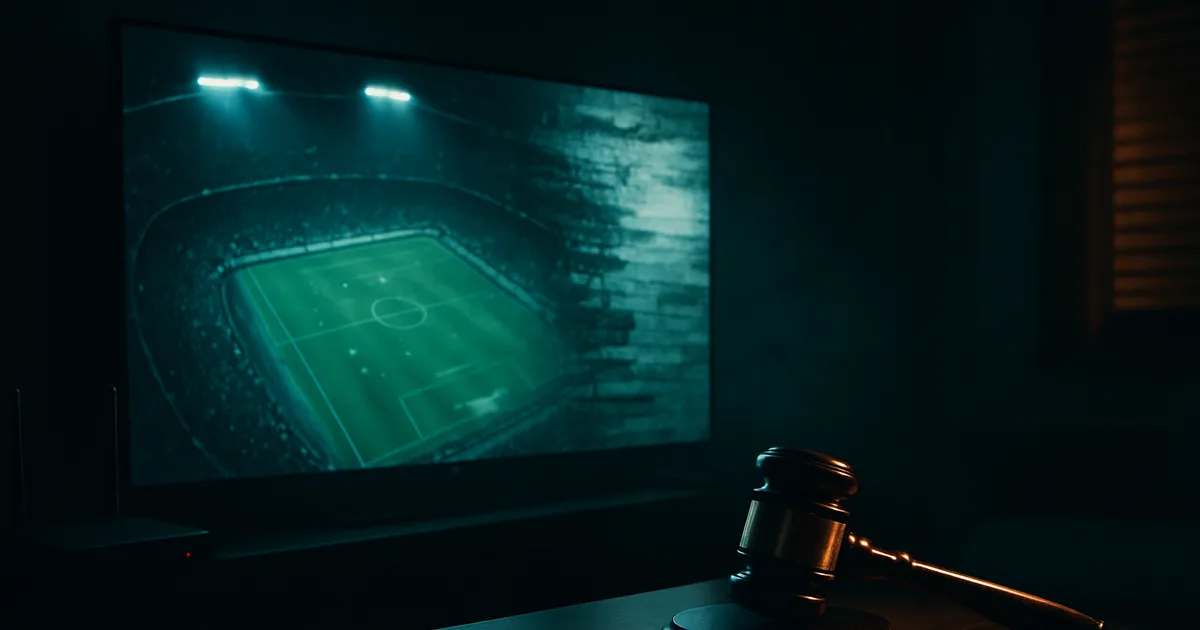 Salon sombre éclairé par un téléviseur affichant un stade de football figé et pixellisé, avec au premier plan un marteau de juge posé près de la télécommande et un routeur aux voyants rouges dans l'ombre.