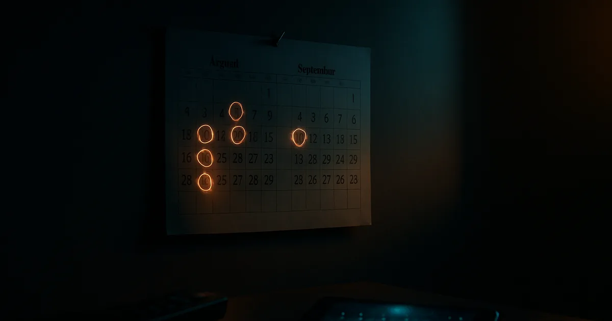 Un calendrier mural d'août-septembre avec plusieurs dates entourées, dans une pièce sombre éclairée par la lueur d'un téléviseur, une télécommande et un téléphone au premier plan.