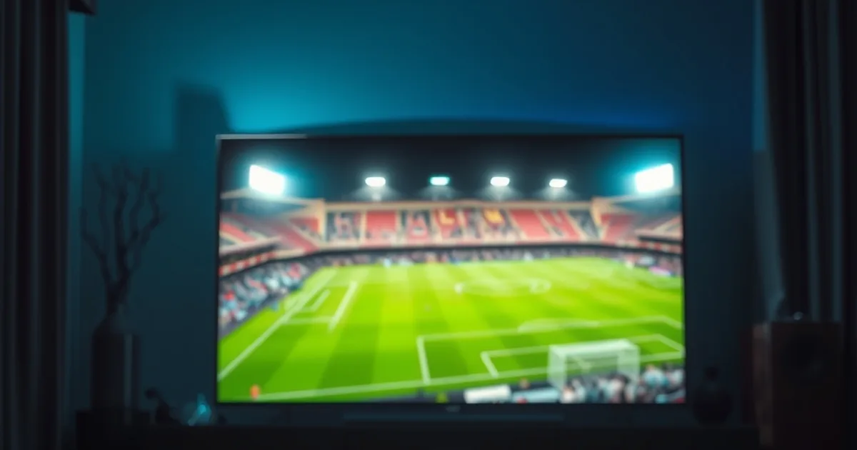 Salon sombre la nuit, télévision allumée diffusant la lueur verte d'un stade de football, boîtier de streaming et télécommande posés sur un meuble au premier plan