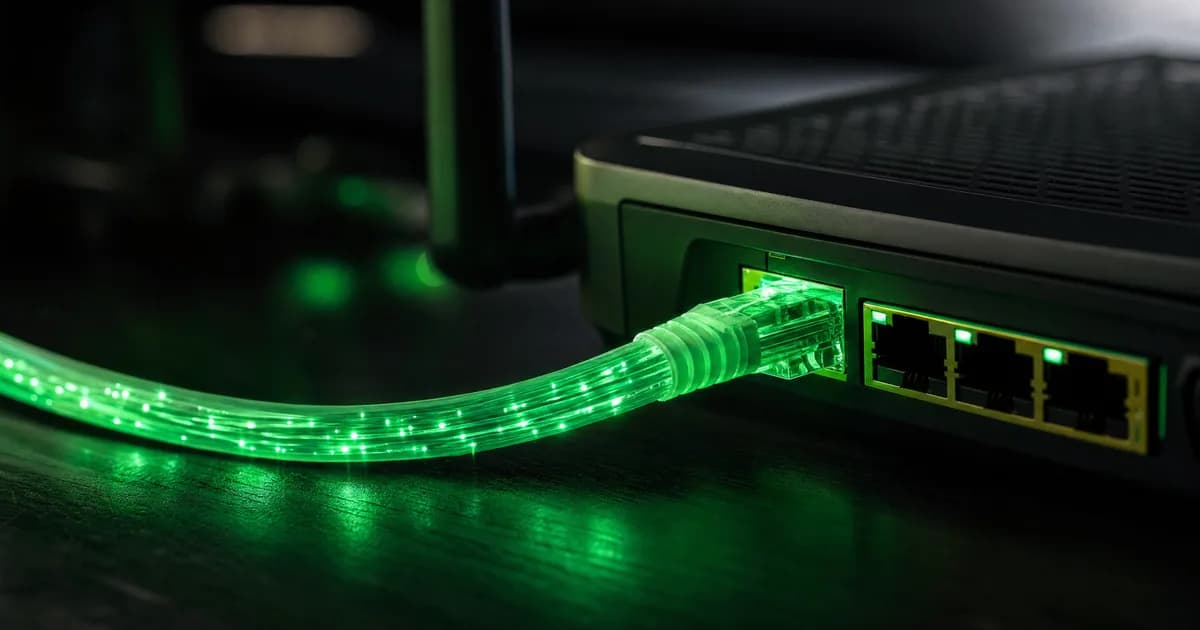 Câble fibre optique et routeur moderne éclairés par une lumière verte néon