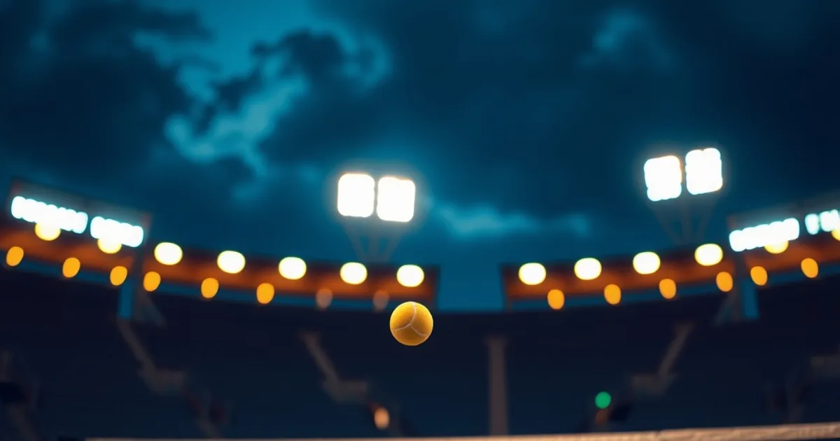 Court de tennis extérieur éclairé de nuit, ambiance sombre et cinématographique, ballon en plein échange