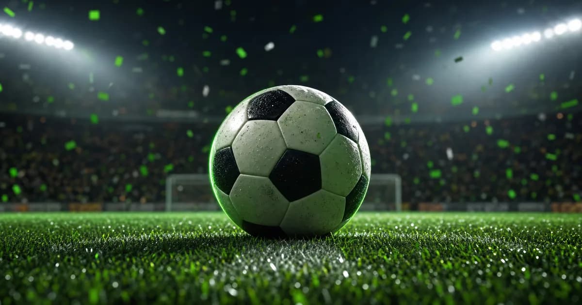 Ballon de football au point de penalty sous les projecteurs, confettis en arrière-plan