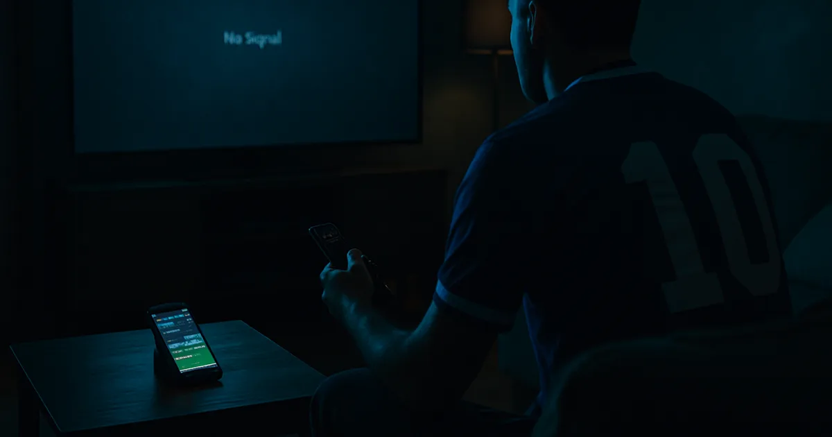 Un supporter en maillot de foot, seul dans un salon sombre, télécommande en main devant un écran de télévision éteint, un smartphone allumé à côté symbolisant la diffusion éclatée entre plusieurs services.