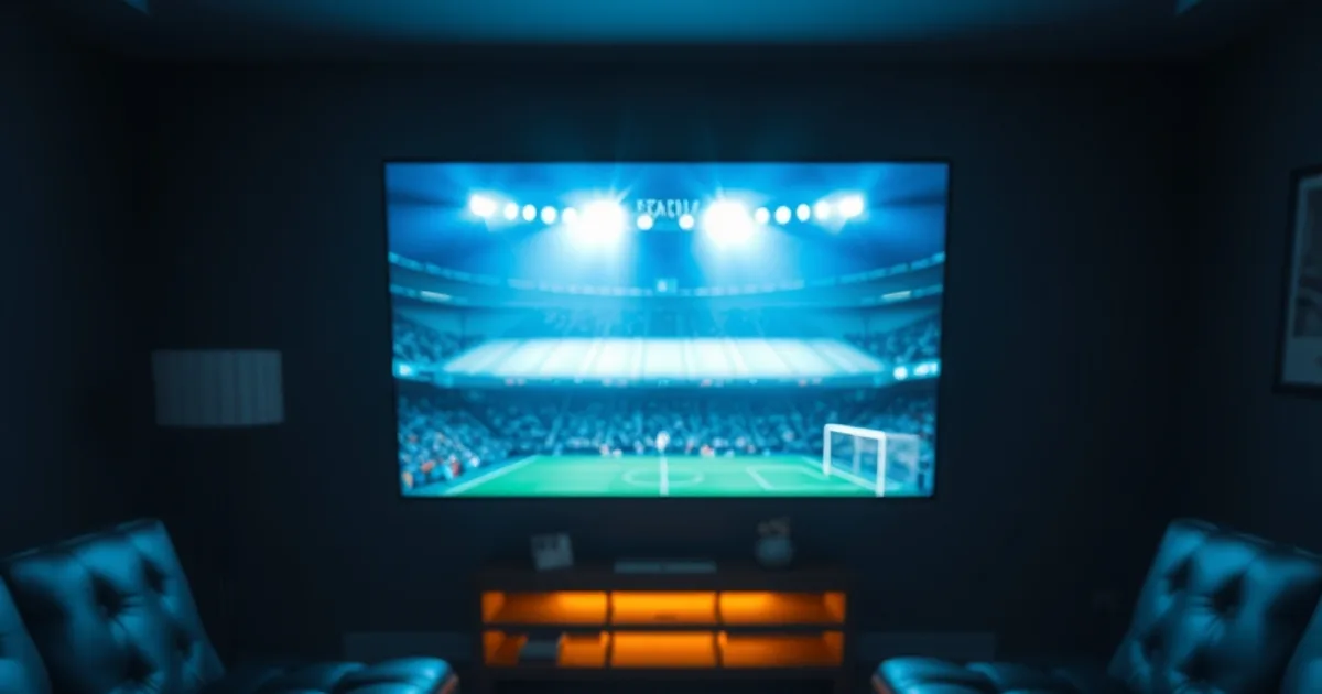 Salon plongé dans la pénombre, éclairé par un match de foot diffusé en streaming sur grand écran