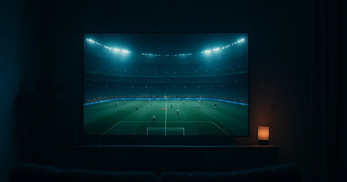 Salon plongé dans le noir, éclairé par la lumière d'un téléviseur diffusant un stade de football illuminé au coup d'envoi d'une demi-finale de Coupe du Monde, ambiance sombre et cinématique.