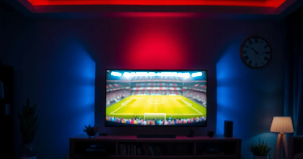 Salon plongé dans la pénombre avec un téléviseur allumé diffusant un match de football en soirée, ambiance cinématographique bleu et rouge