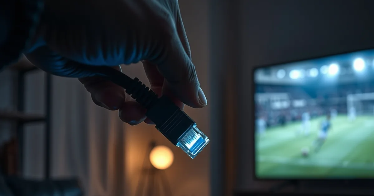 Câble Ethernet branché à l'arrière d'un décodeur IPTV, écran de match de football flou en arrière-plan dans un salon sombre