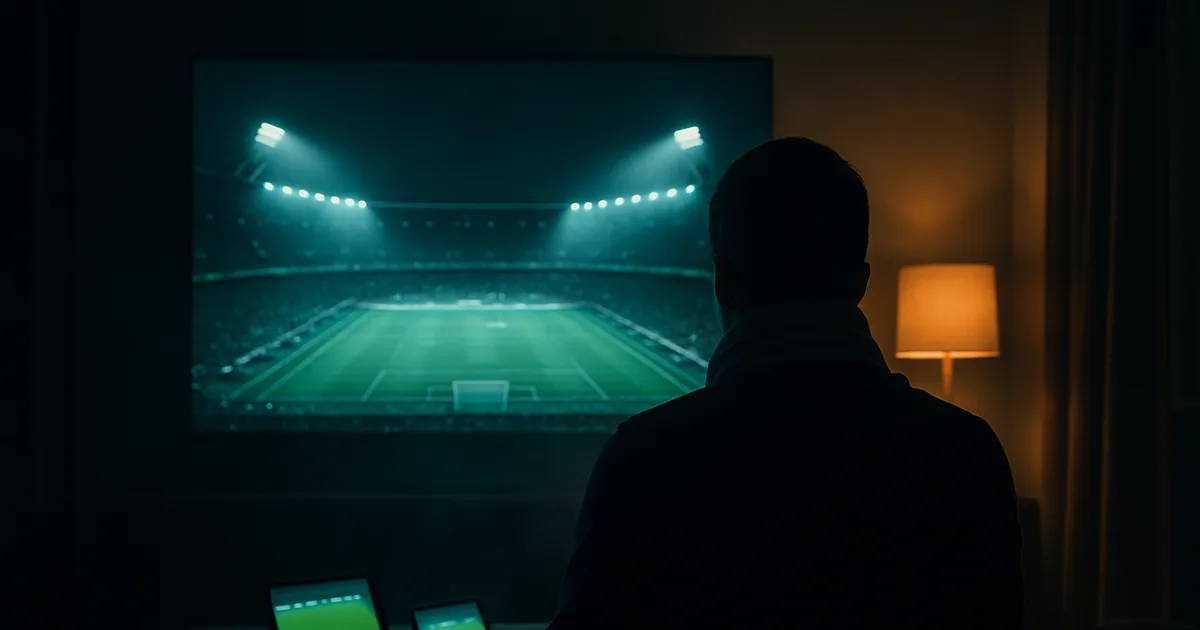 Un supporter seul de dos dans un salon sombre face à un grand écran diffusant un stade éclairé la nuit, avec un téléphone et une tablette posés sur la table basse montrant deux autres matchs en simultané.