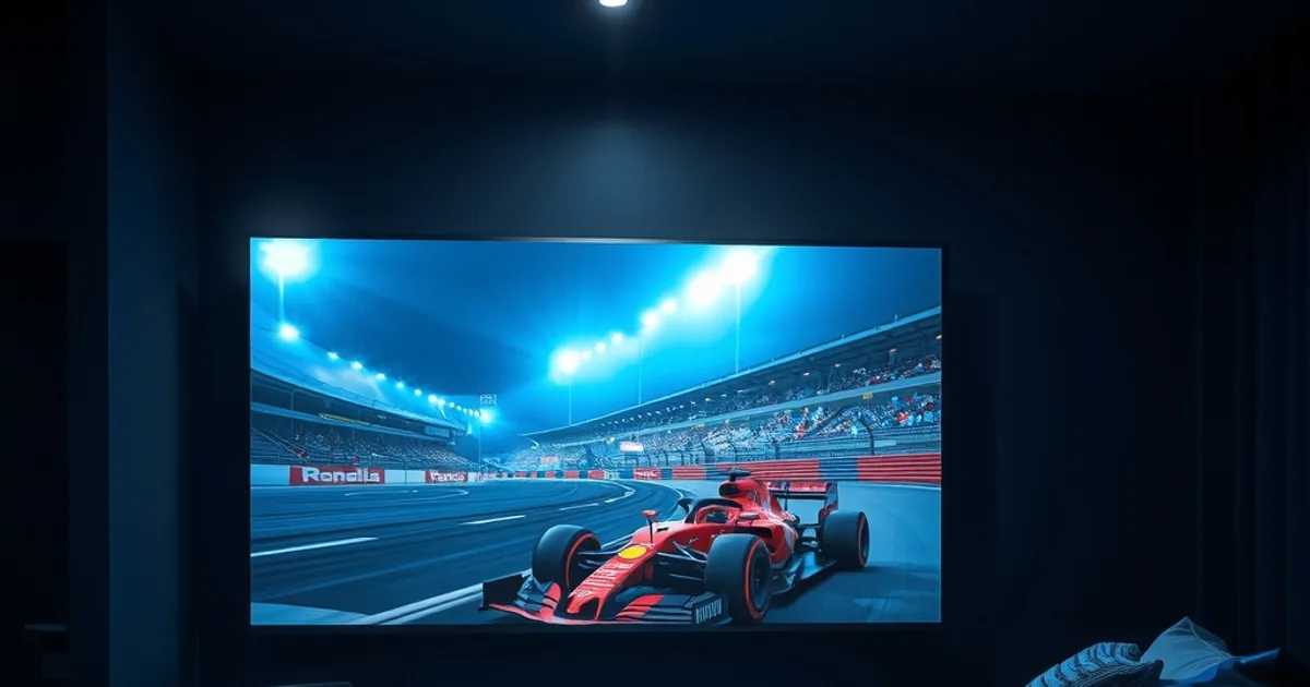 Salon sombre et cinématographique avec un grand écran diffusant une monoplace de Formule 1 en pleine vitesse sous les projecteurs nocturnes.