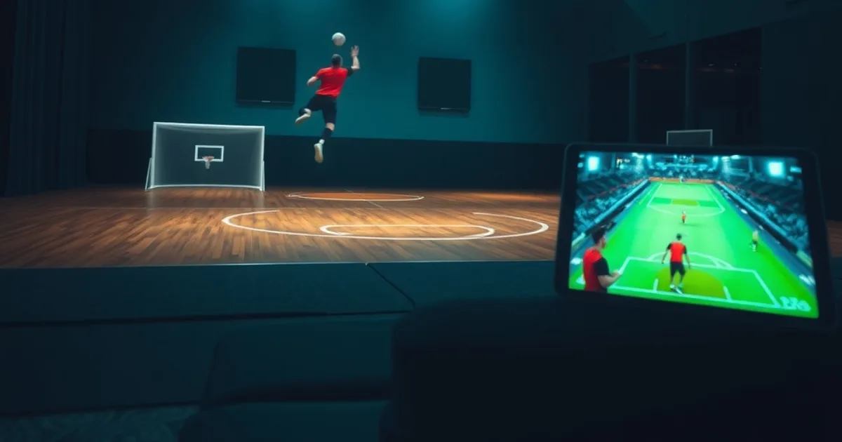 Scène nocturne d'une salle de handball avec un joueur en plein saut sous les projecteurs, et au premier plan deux écrans allumés diffusant le match dans un salon sombre.