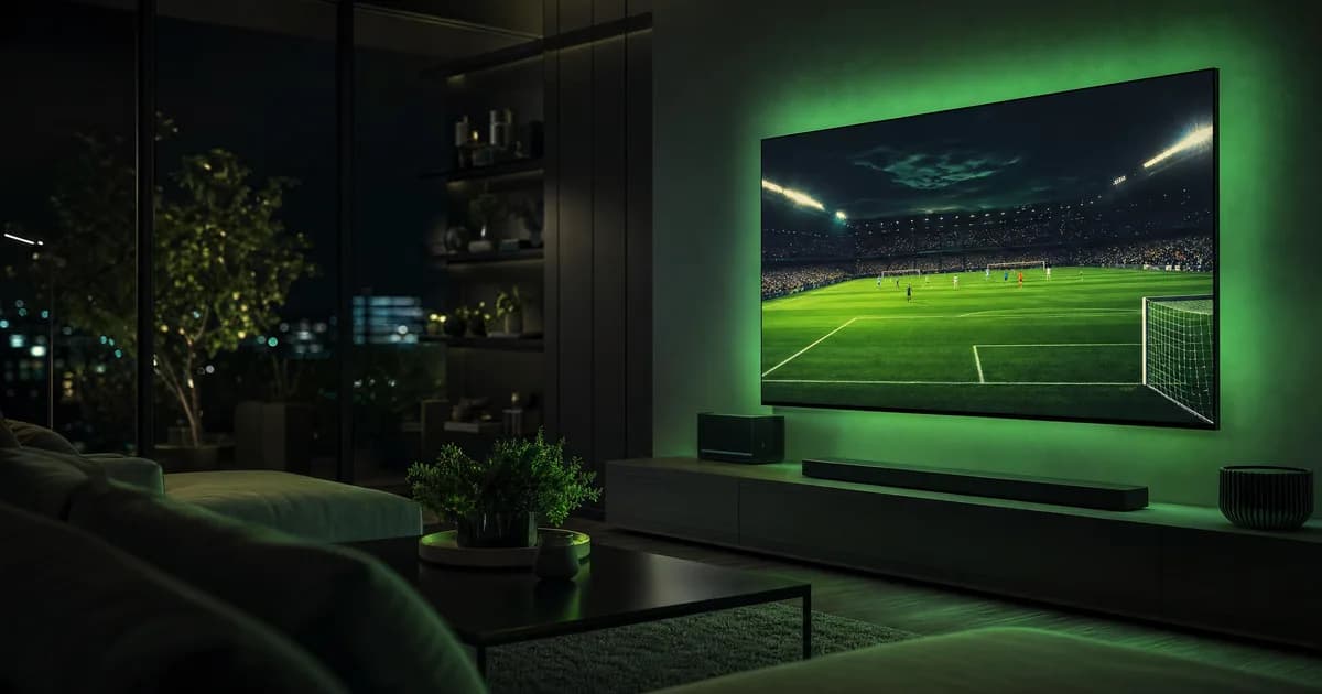 Salon sombre avec Smart TV murale diffusant un match de football, reflets verts