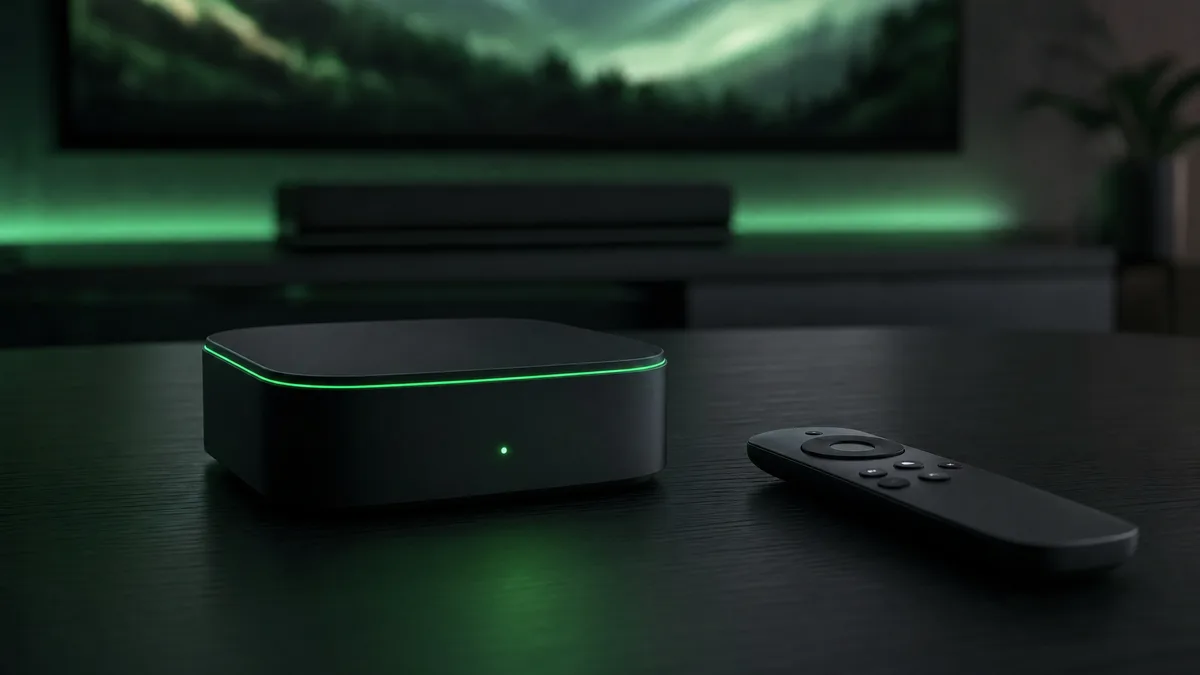 Boîtier de streaming et télécommande sur une table en bois sombre, LED verte allumée