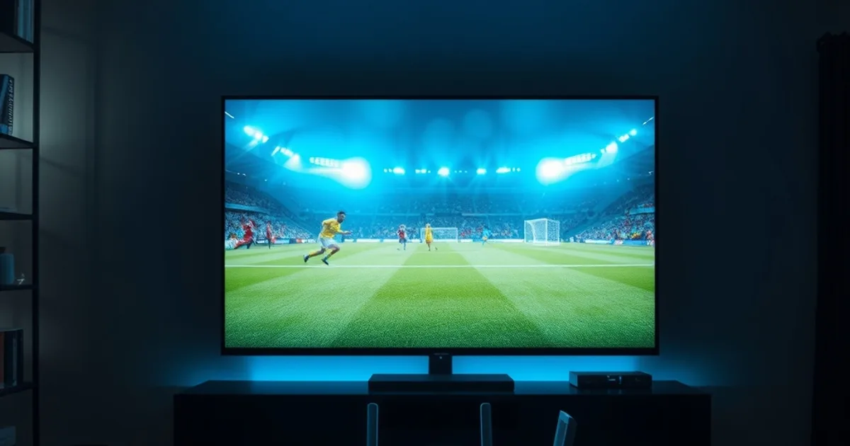 Salon plongé dans la pénombre, éclairé par un écran 4K diffusant un match de football, avec un boîtier IPTV et un routeur visibles en premier plan