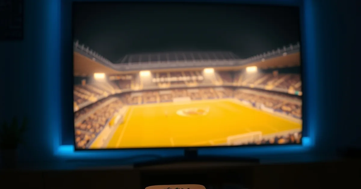 Un Apple TV et des appareils Apple allumés dans un salon sombre, avec un écran affichant un stade de football éclairé en arrière-plan.
