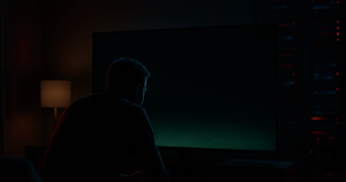 Salon plongé dans le noir, un téléspectateur tendu face à un écran de télévision devenu noir en plein match de football, ambiance sombre et cinématographique évoquant une coupure de flux IPTV.