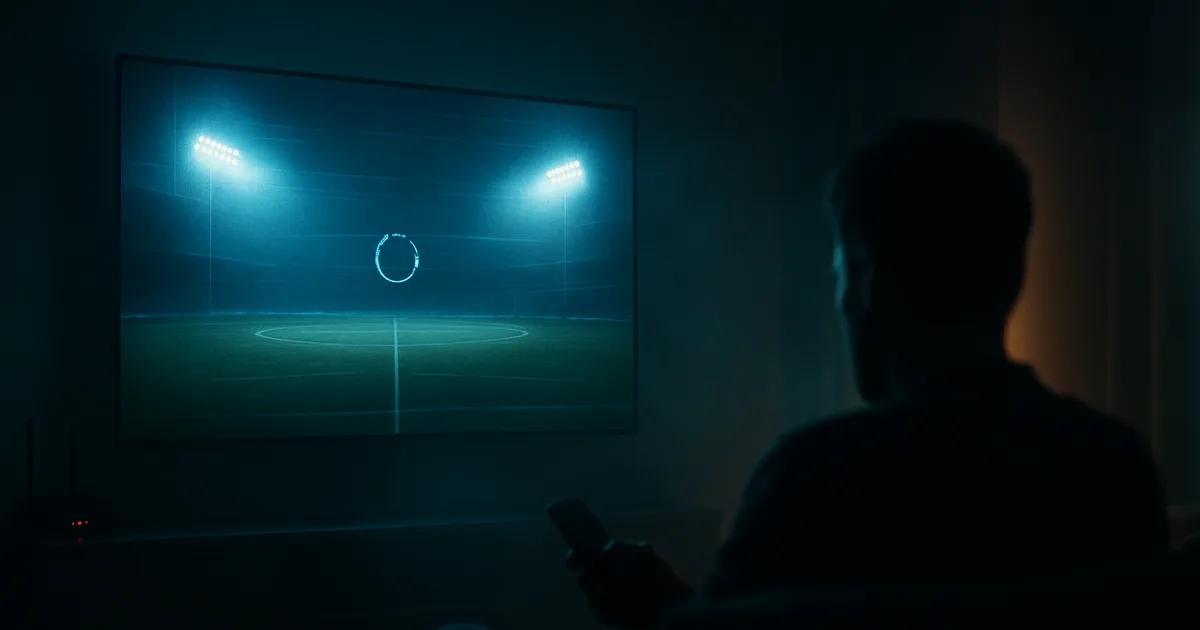 Salon plongé dans l'obscurité, un téléviseur diffusant un stade de football se fige en pleine mise en mémoire tampon, la silhouette d'un spectateur immobile au premier plan et un routeur aux voyants rouges dans l'ombre.