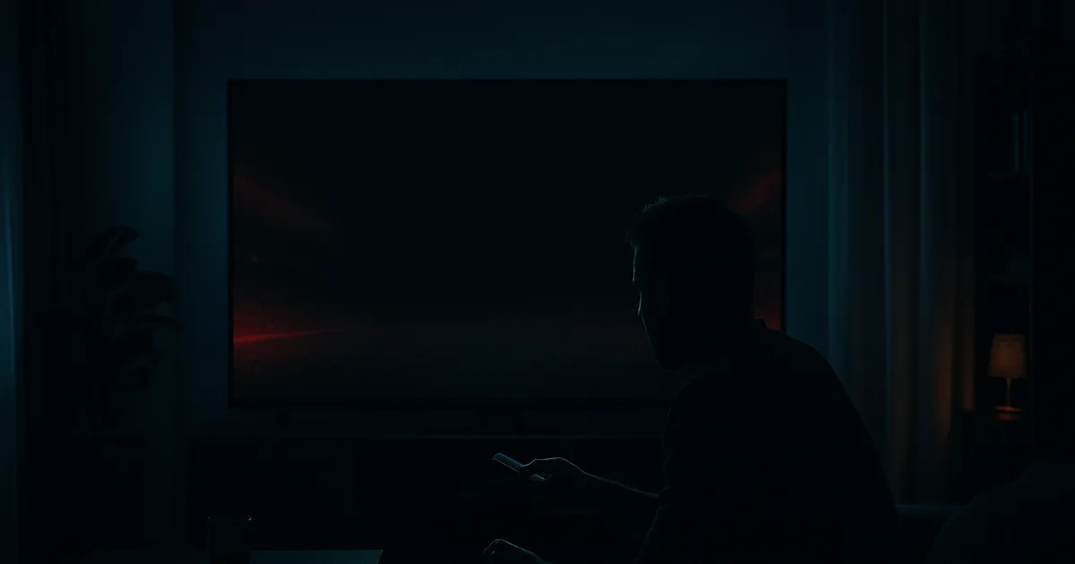 Salon plongé dans le noir, un téléviseur affichant un écran noir en plein match de football, un spectateur figé télécommande à la main, ambiance sombre et cinématographique.