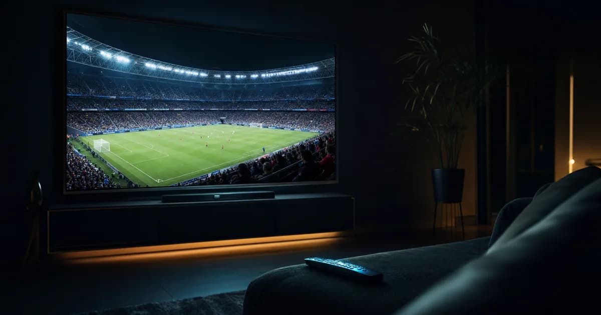 Salon plongé dans l'obscurité, éclairé par un grand téléviseur diffusant un match de Coupe du Monde dans un stade comble, ambiance cinématographique sombre et premium.