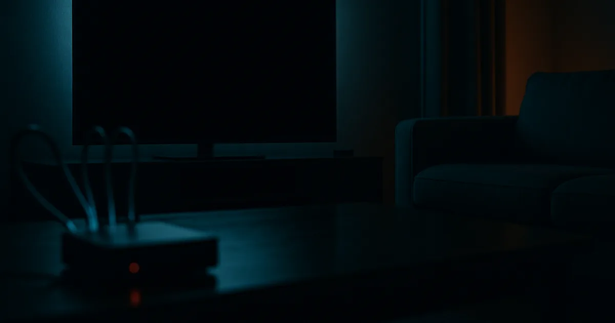 Un grand téléviseur devenu noir en plein match de football dans un salon sombre, un routeur au voyant rouge au premier plan, évoquant une coupure de flux IPTV en direct.