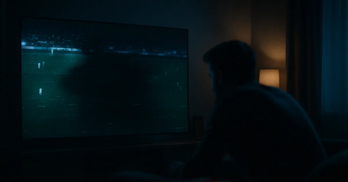 Salon plongé dans le noir, un téléviseur diffusant un match de football se fige en écran noir glitché tandis qu'un supporter, en silhouette, se penche en avant, tendu.