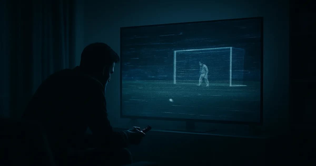 Salon plongé dans le noir, un spectateur figé devant un téléviseur dont l'écran de match de football s'est figé sur un écran noir glitché, télécommande à la main.