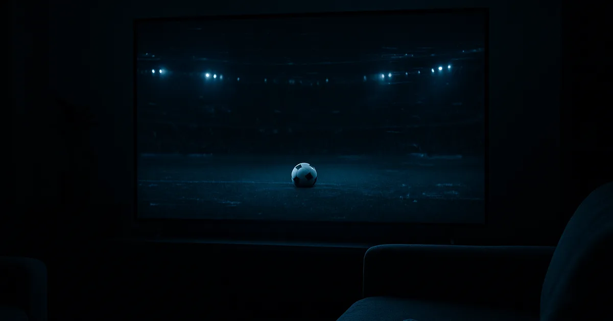 Salon plongé dans le noir, éclairé par un téléviseur affichant un match de football figé sur un écran noir au moment d'un penalty, avec des artefacts numériques évoquant une coupure de flux.