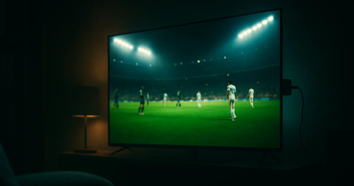 Salon plongé dans le noir éclairé par une grande TV 4K diffusant un match de la Coupe du Monde sur une pelouse verte éclatante, un boîtier de streaming branché sur le téléviseur et une télécommande au premier plan.