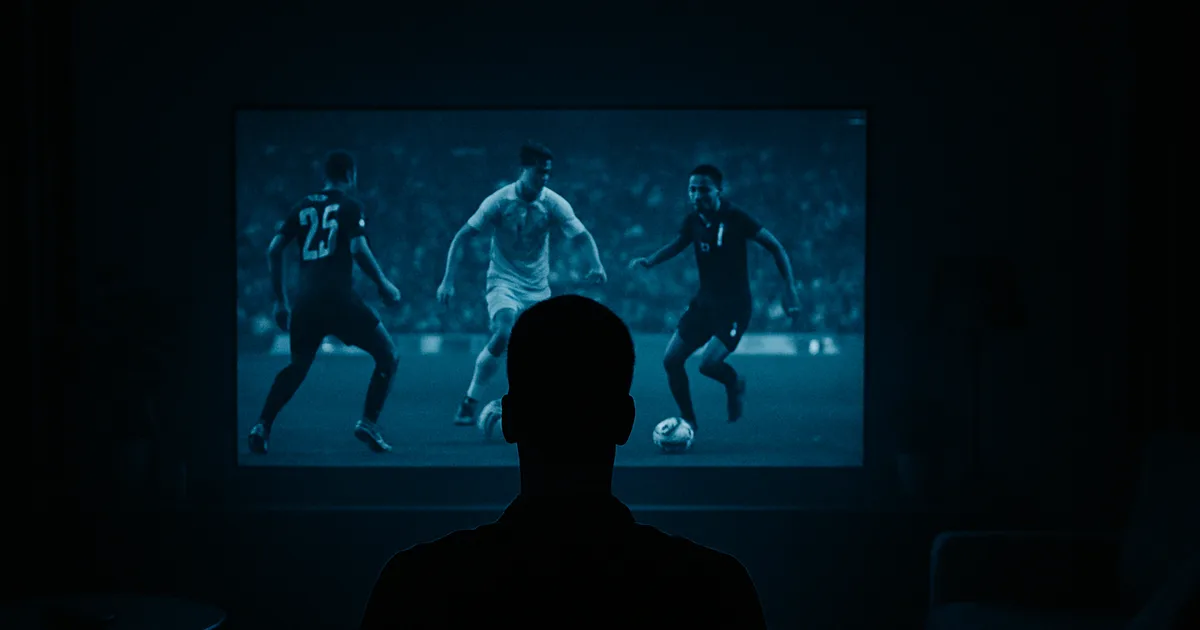 Salon plongé dans l'obscurité, un téléspectateur face à une télévision diffusant un match de football figé par un freeze, lueur bleue froide et ambiance tendue de soir de Mondial.