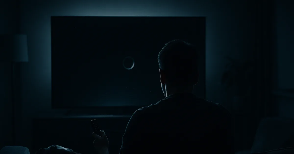 Salon plongé dans le noir la nuit, un téléspectateur de dos figé télécommande en main devant un grand écran de télévision devenu noir en plein match, une écharpe de football posée à côté.