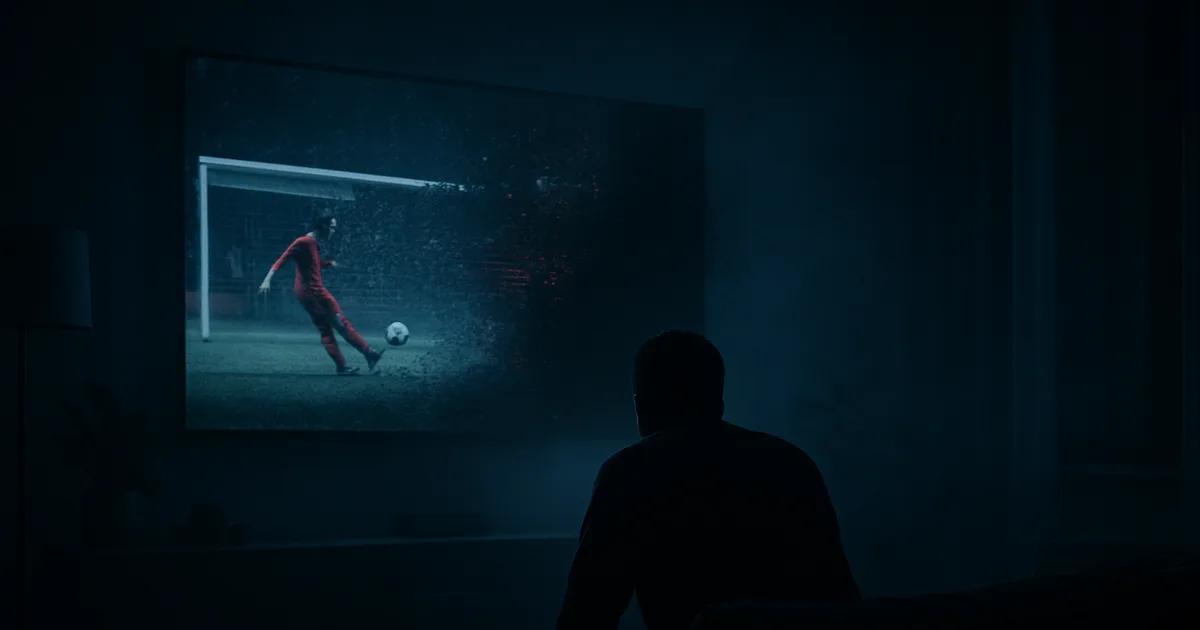 Salon plongé dans le noir à 3h du matin, un téléspectateur seul devant une télévision figée sur un penalty au moment où l'écran devient noir, ambiance cinématographique sombre.