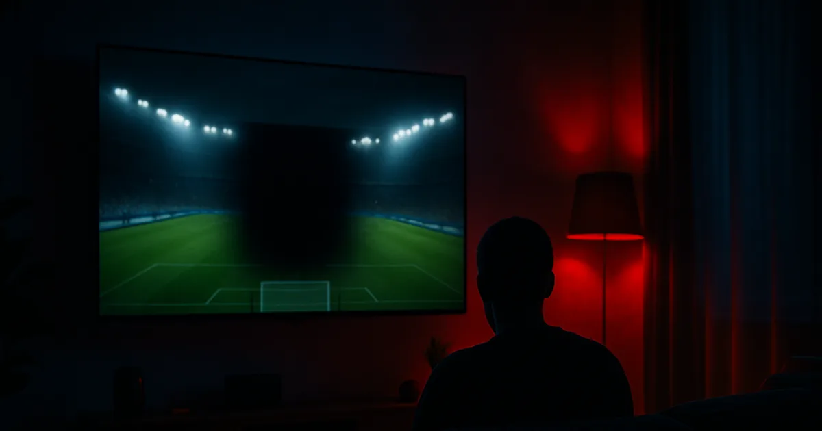 Salon sombre la nuit, un téléviseur affichant un match de football qui bascule vers un écran noir en plein milieu, une silhouette de spectateur seule sur le canapé.