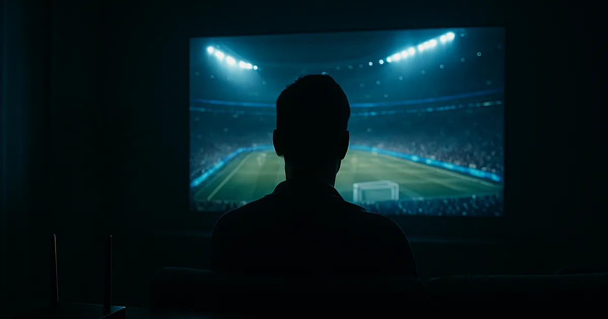 Salon sombre la nuit, un téléspectateur de dos face à un grand écran diffusant un match de Coupe du Monde dans un stade plein, box et câble Ethernet posés sur la table basse.