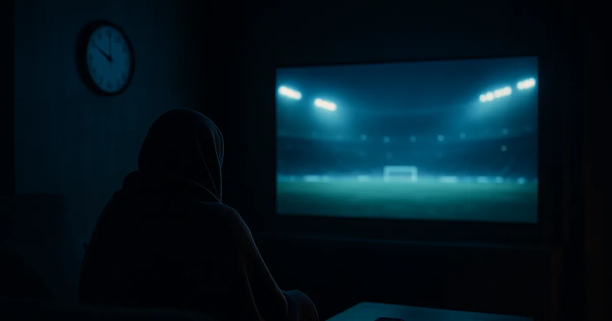 Salon sombre la nuit, un téléspectateur de dos face à un grand écran diffusant un match de Coupe du Monde dans un stade plein, box et câble Ethernet posés sur la table basse.