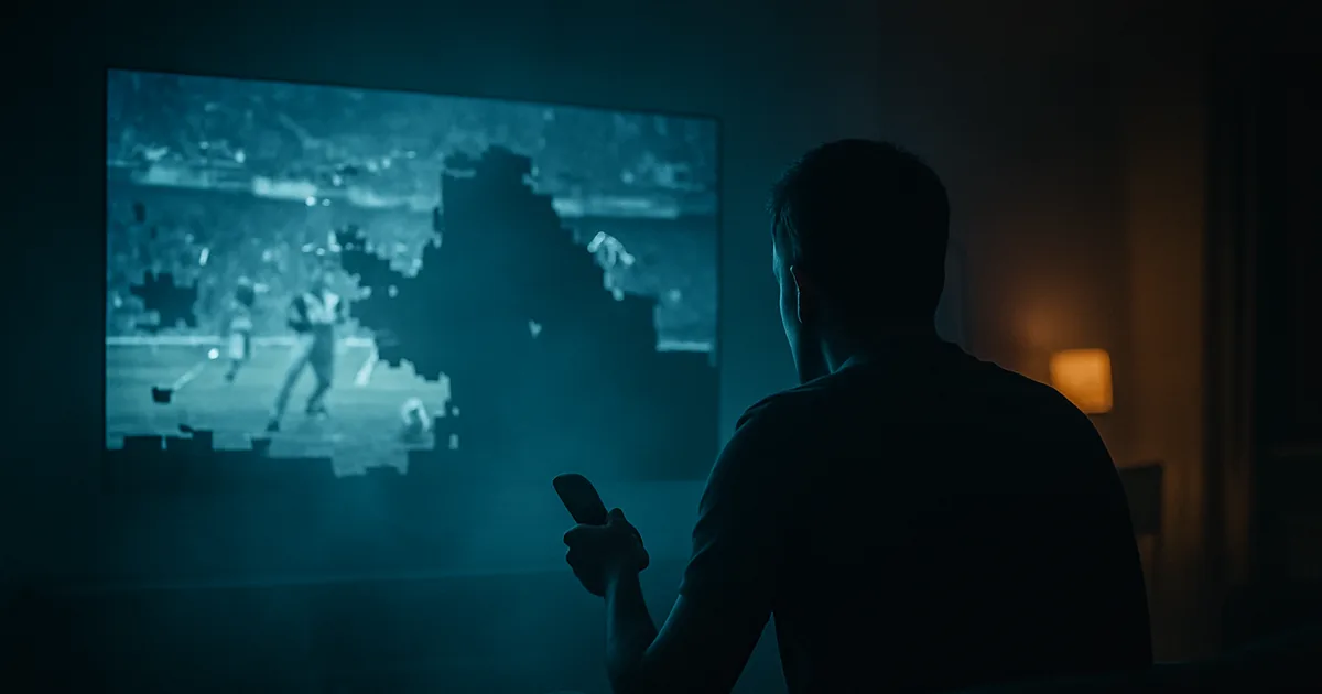 Salon plongé dans le noir, un homme de dos face à un téléviseur dont le match de football se fige et se pixelise en pleine action, télécommande à la main.