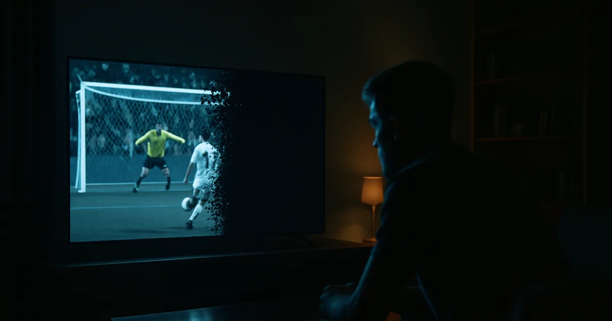 Salon plongé dans le noir, un téléviseur affichant un match de football qui se fige en écran noir au moment d'un penalty, un spectateur tendu en silhouette sur le canapé.