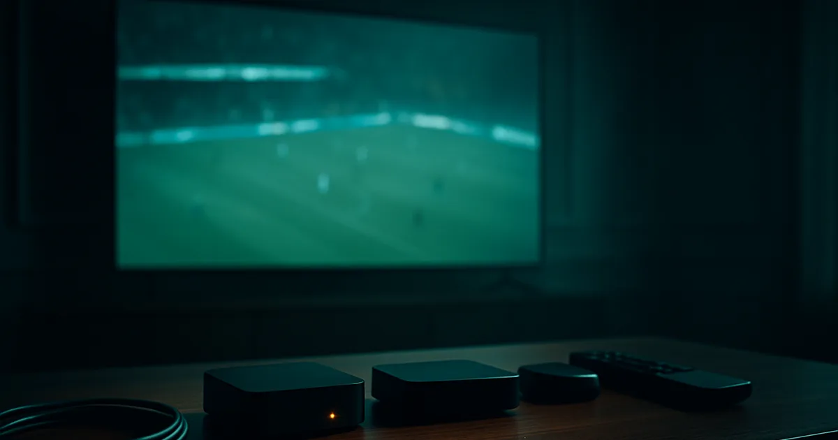 Salon sombre éclairé par un téléviseur diffusant un match de football flou, avec trois décodeurs internet noirs alignés sur un meuble bas et un câble Ethernet débranché au premier plan