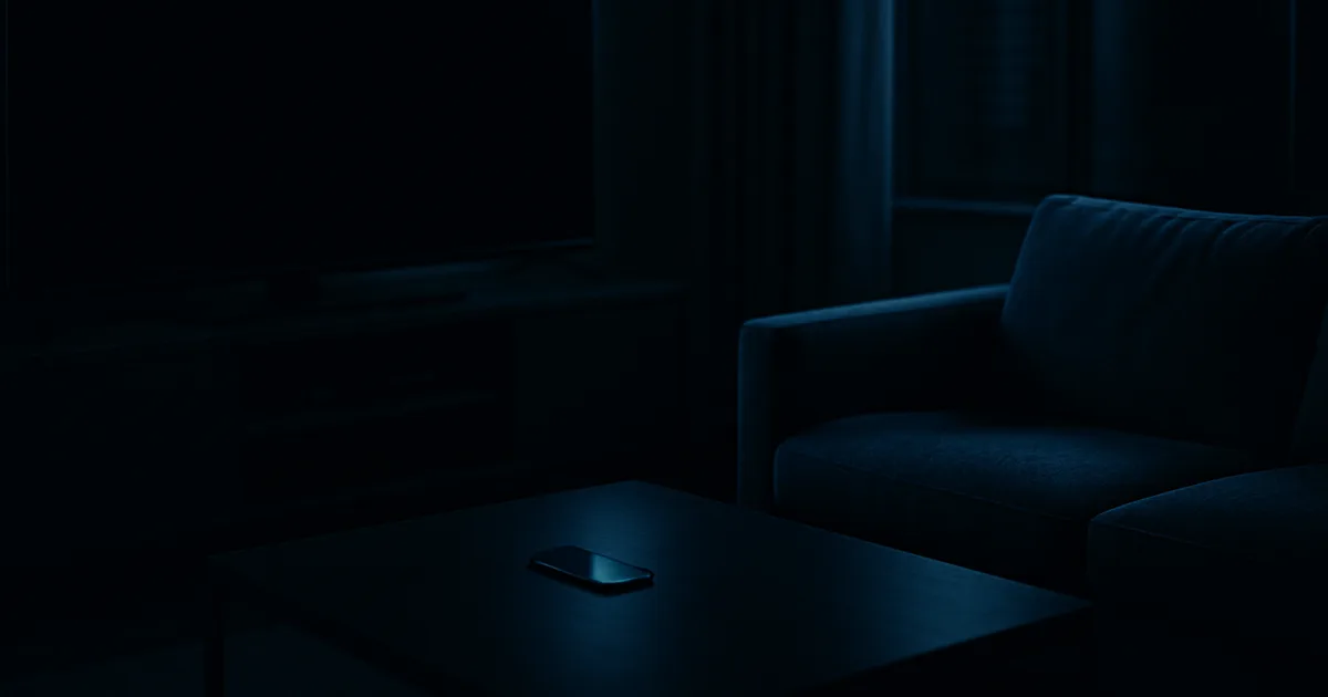 Un salon plongé dans le noir la nuit, éclairé par la lueur bleue froide d'un grand téléviseur dont l'écran vient de devenir noir en plein match de football, ambiance tendue et cinématographique.