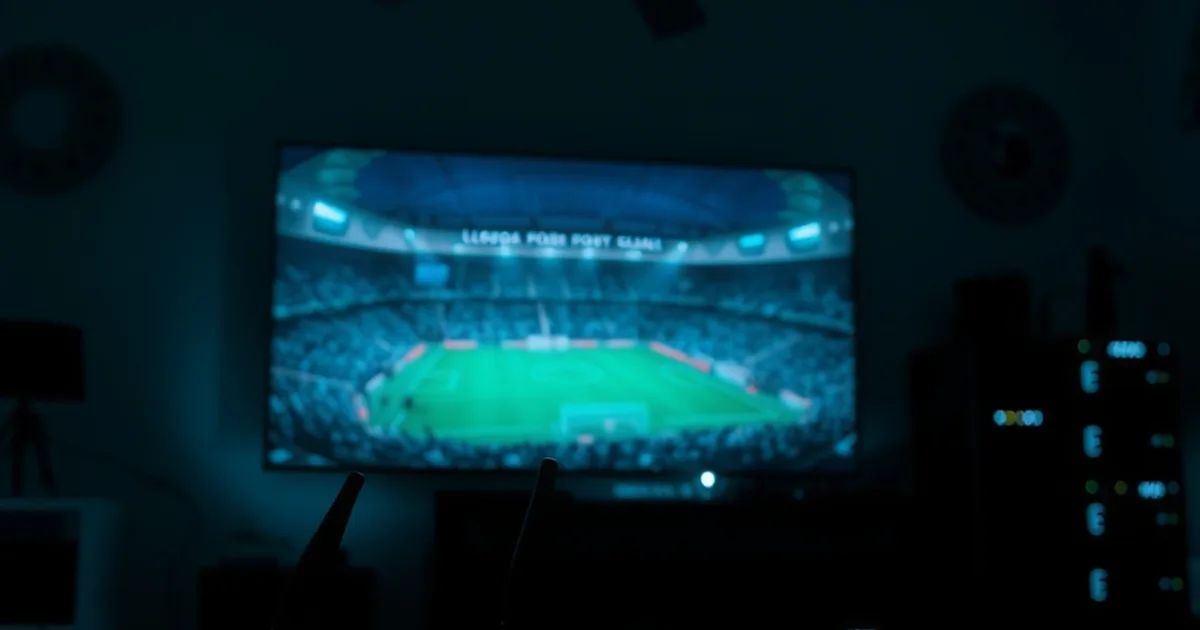 Salon plongé dans la pénombre avec un match de football affiché sur un grand écran, un routeur et un câble Ethernet au premier plan, silhouettes de serveurs en arrière-plan évoquant la charge réseau.