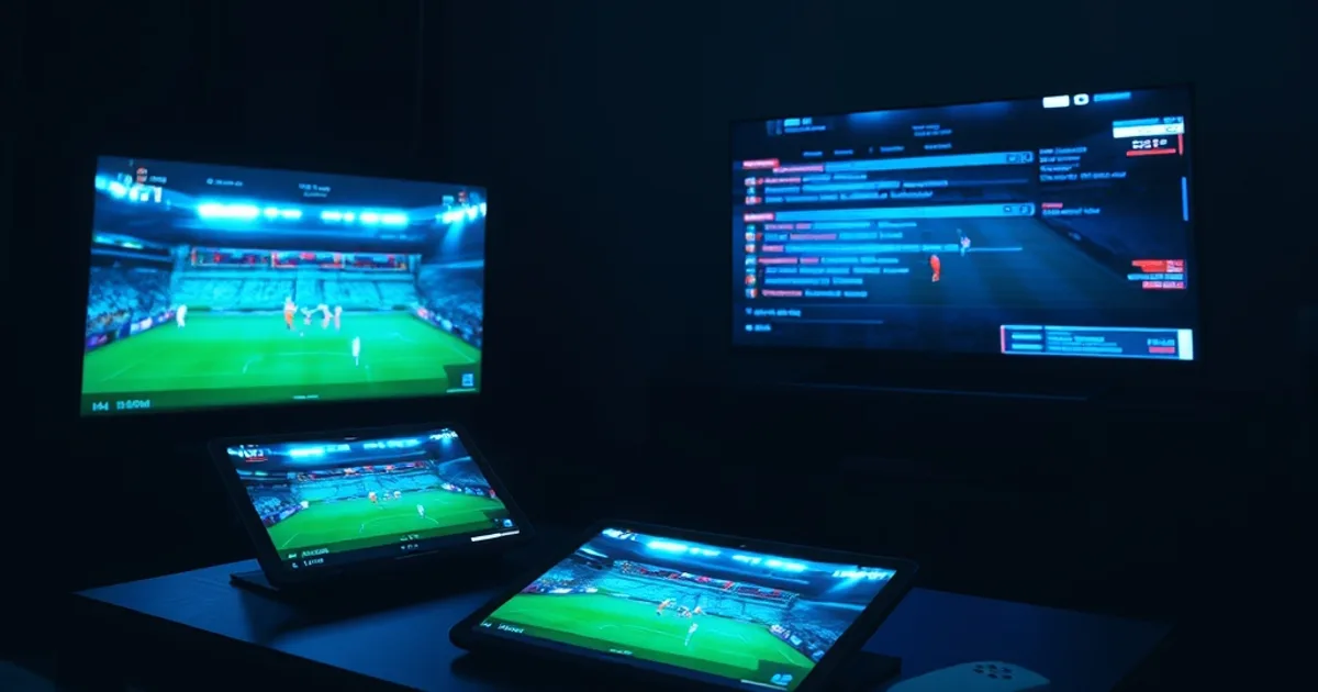 Trois écrans allumés dans un salon sombre diffusant un match de football en direct, avec un effet de distorsion de signal sur l'un des écrans