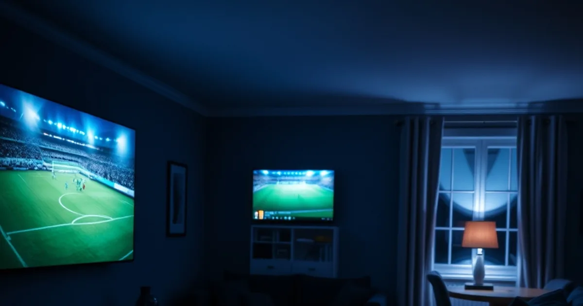 Salon familial en soirée avec plusieurs écrans allumés simultanément diffusant un match de football, ambiance cinématique bleutée