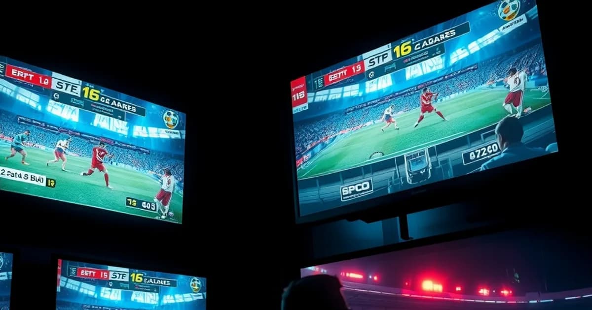 Salle de contrôle sombre avec un mur d'écrans diffusant un match de football, certains nets, d'autres figés par le buffering, technicien de dos vérifiant un ordinateur portable