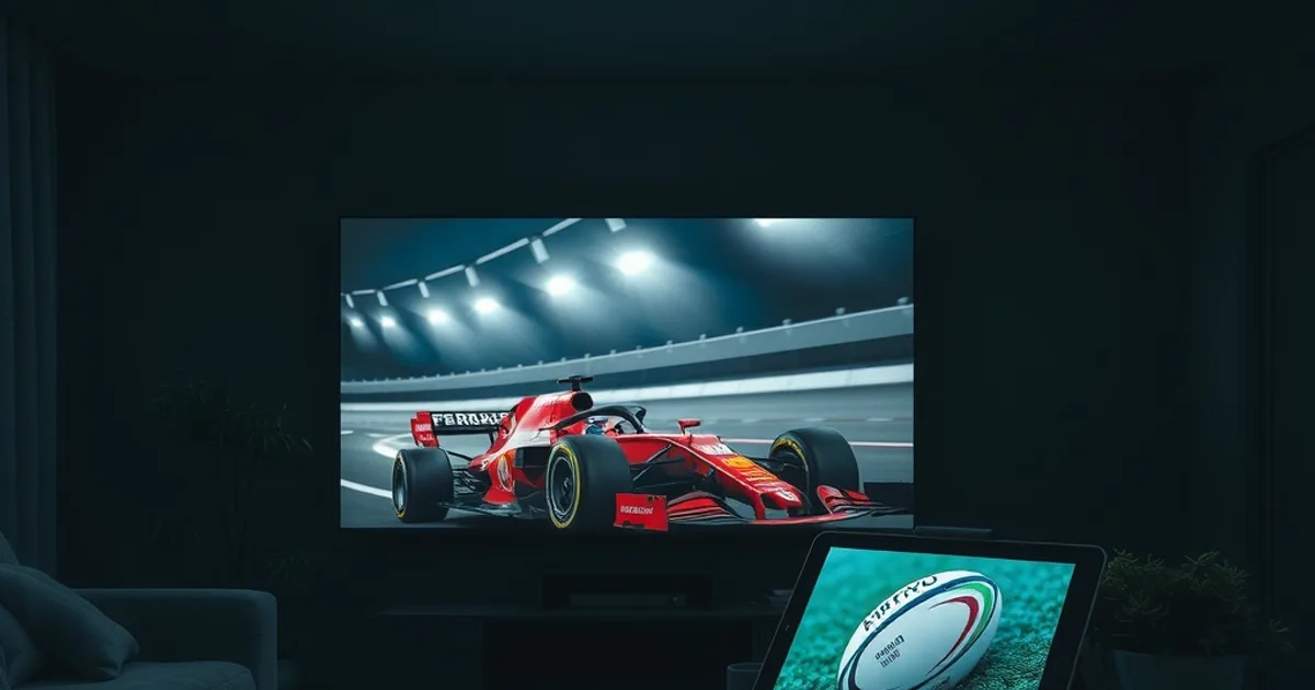 Salon sombre la nuit avec deux écrans allumés côte à côte : une télévision murale diffusant une voiture de Formule 1 en pleine ligne droite sous des projecteurs, et une tablette posée sur la table basse montrant un ballon de rugby au sol sur une pelouse humide, halos verts néon ambiants, ambiance cinématographique premium, aucun texte ni logo visible.