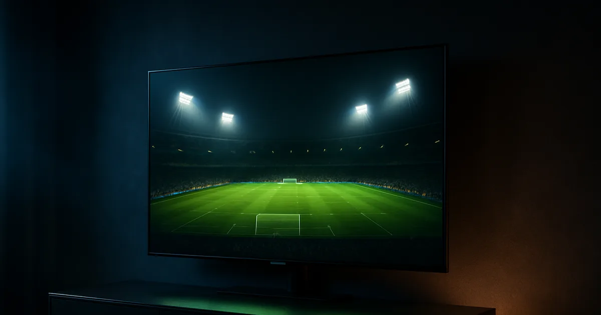 Un téléviseur Samsung dans un salon sombre diffusant un match de football en direct, ambiance soirée de Coupe du Monde, lumière du stade se reflétant sur le meuble.