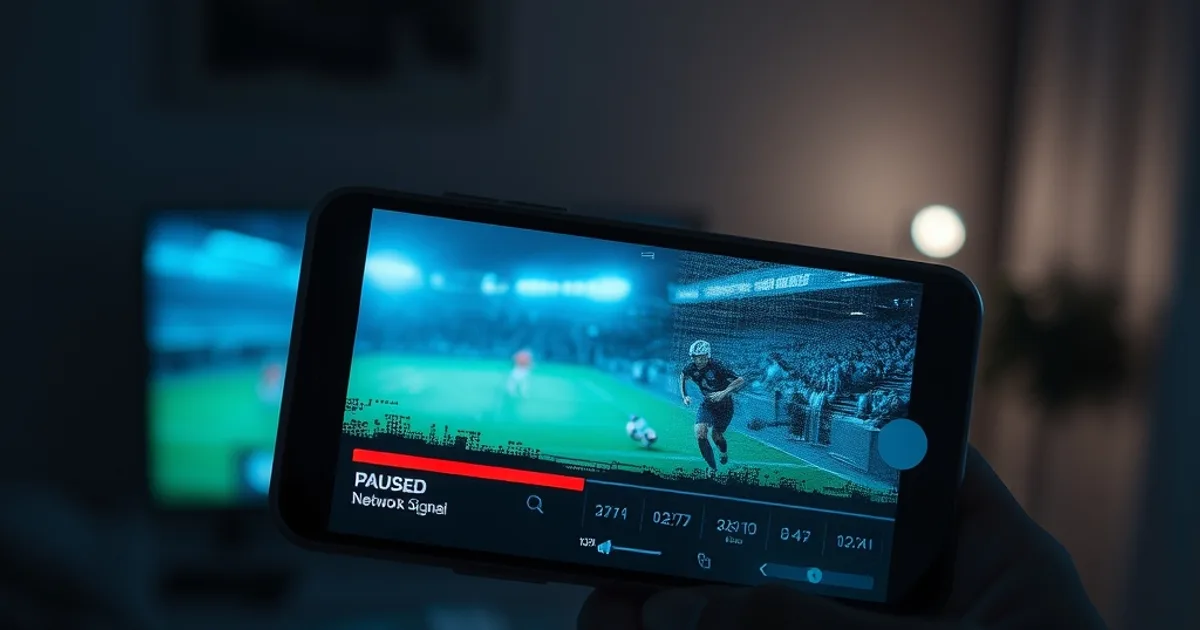 Smartphone affichant un flux sportif figé avec des artefacts de compression, dans une pièce sombre éclairée par la lumière bleutée de l'écran