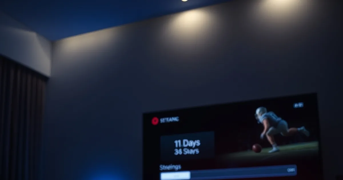 Compte à rebours lumineux face à un écran de télévision en pause dans un salon sombre, ambiance premium avant le coup d'envoi